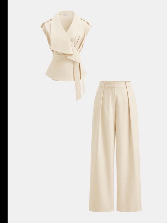 Commense Pants - Commense Cream Wrap Top and Wide-Leg Trousers Set